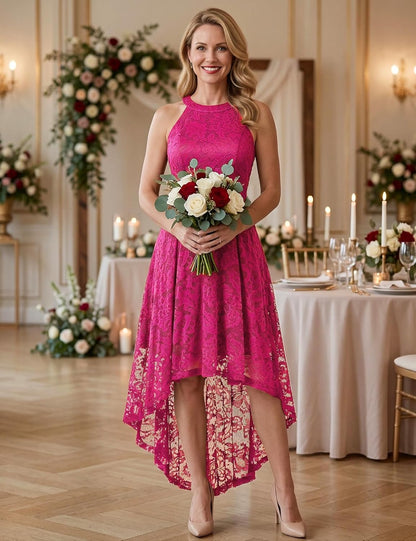Women'S Halter Floral Lace Cocktail Party Dress Hi-Lo Bridesmaid Dress