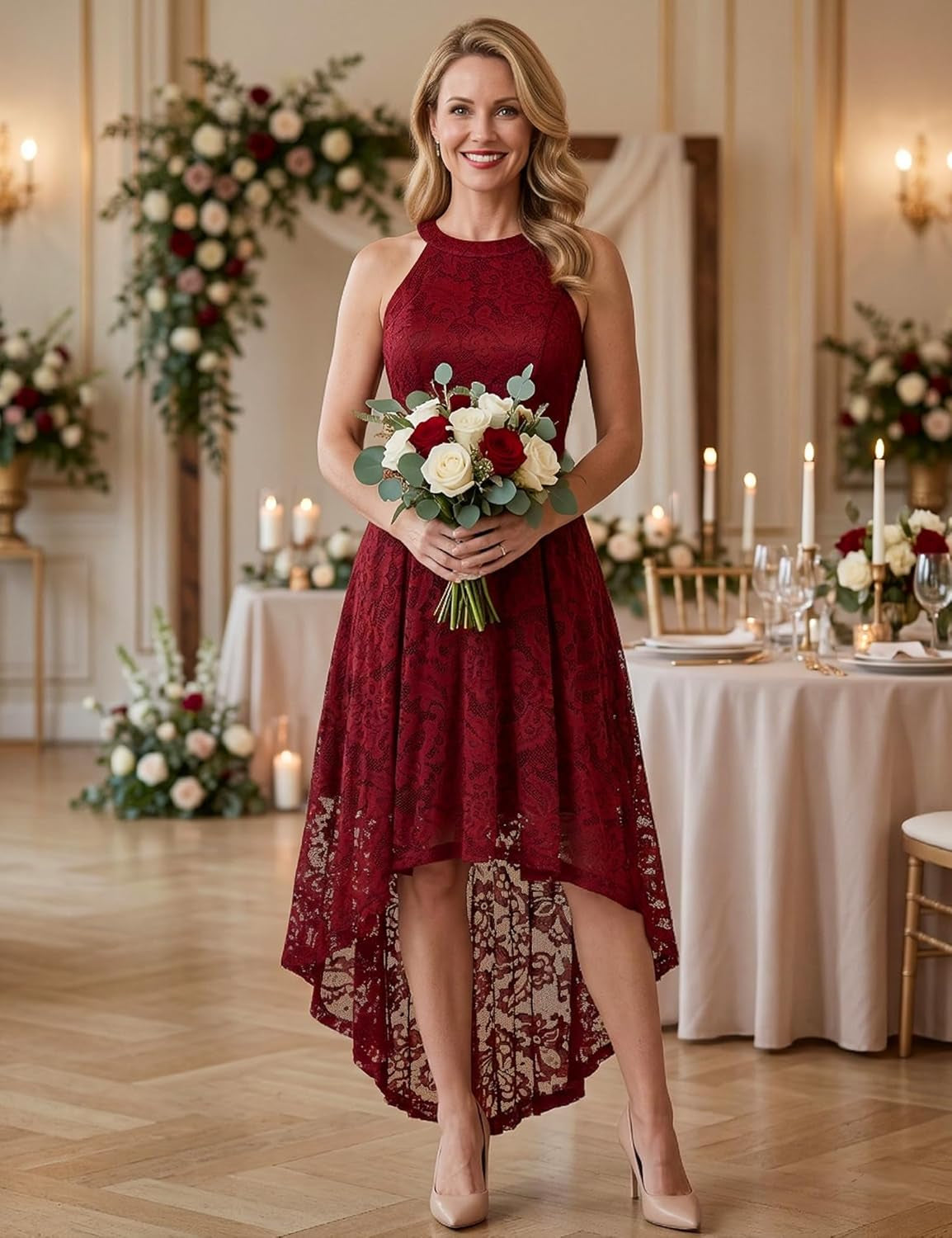 Women'S Halter Floral Lace Cocktail Party Dress Hi-Lo Bridesmaid Dress