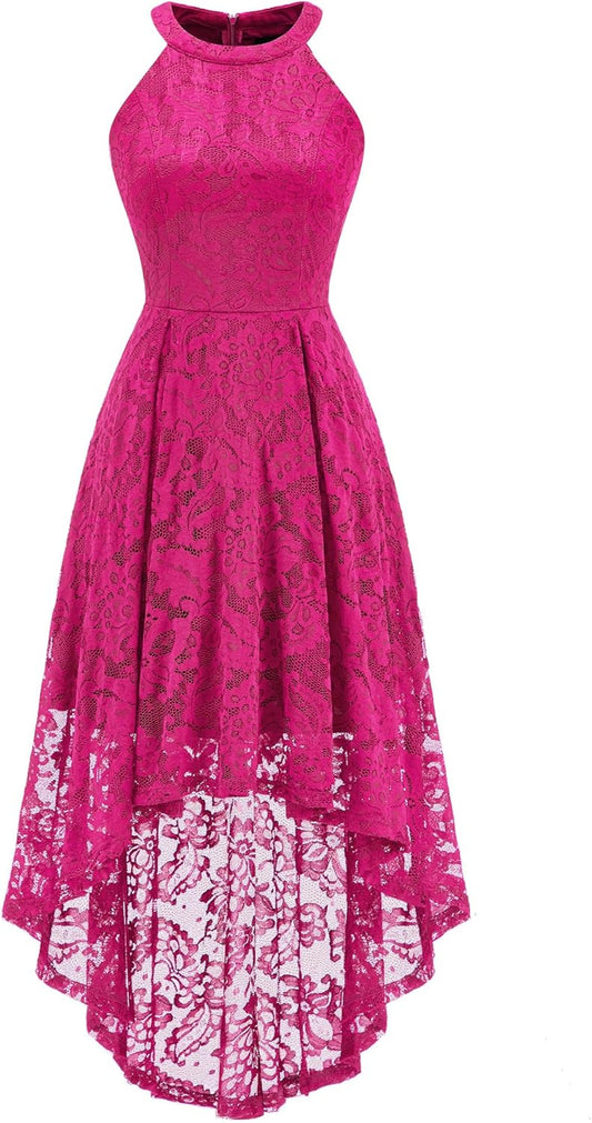 Women'S Halter Floral Lace Cocktail Party Dress Hi-Lo Bridesmaid Dress