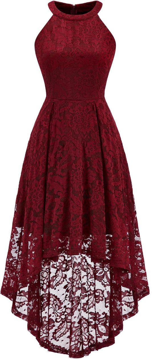Women'S Halter Floral Lace Cocktail Party Dress Hi-Lo Bridesmaid Dress