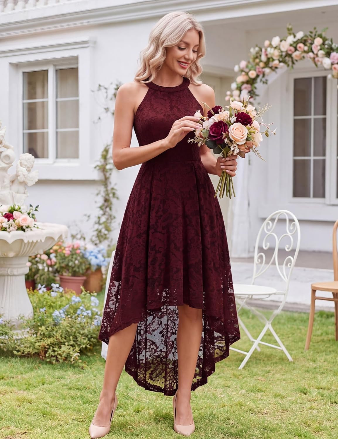 Women'S Halter Floral Lace Cocktail Party Dress Hi-Lo Bridesmaid Dress